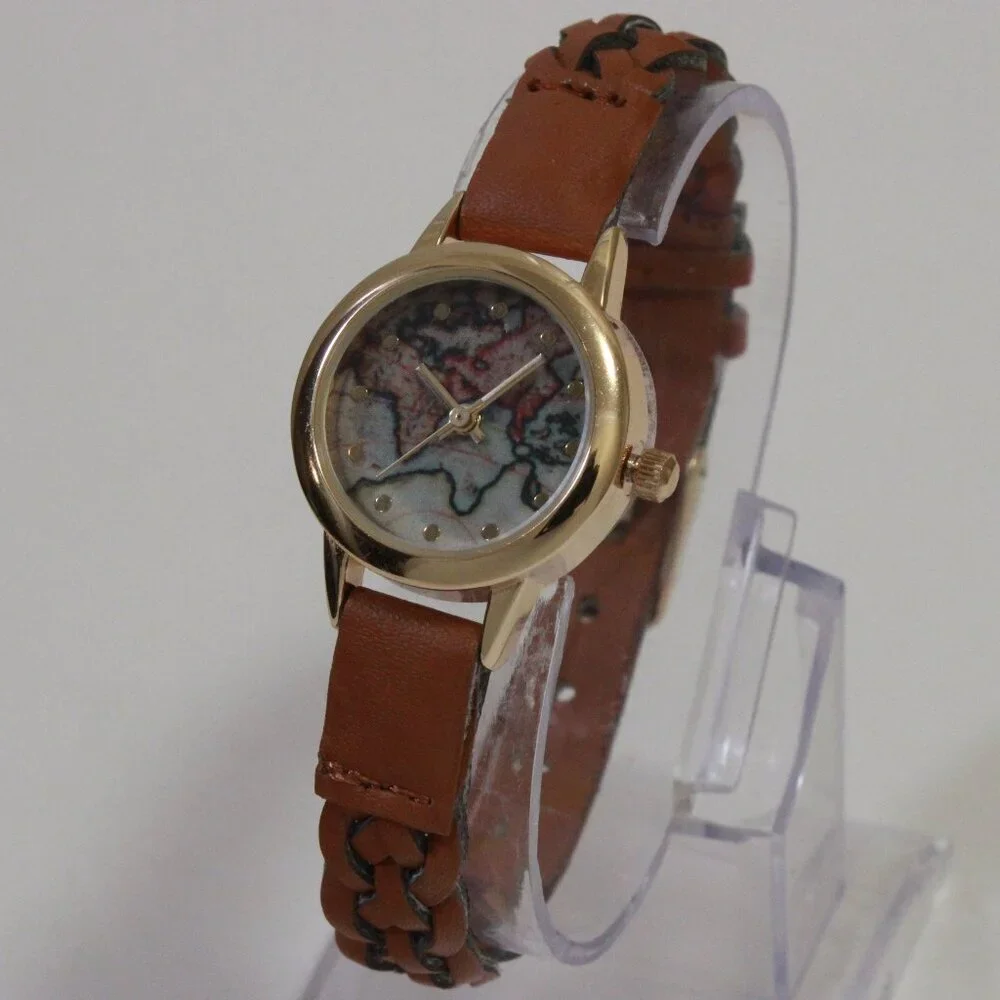 Accutime Ladies Casual Quartz Watch Map Dial Gold Tune Braided Strap 24mm